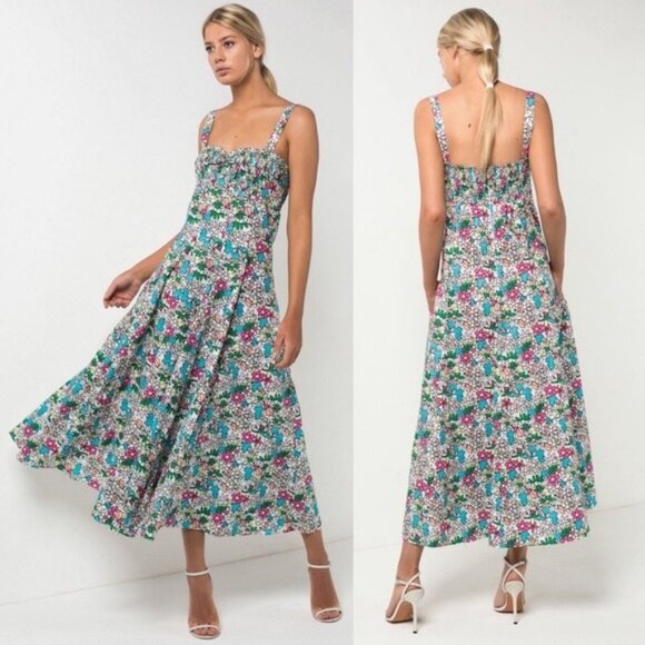 S/W/F Apron Maxi Dress S Lush Floss Multicolor Floral Square Neck Boho Tropical - Picture 1 of 10